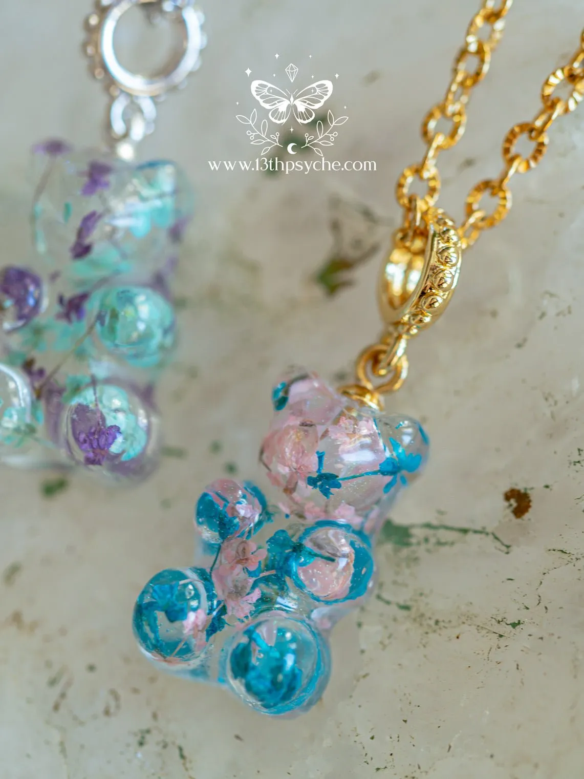 Dried flowers candy bear charm, Gummy bear Necklace