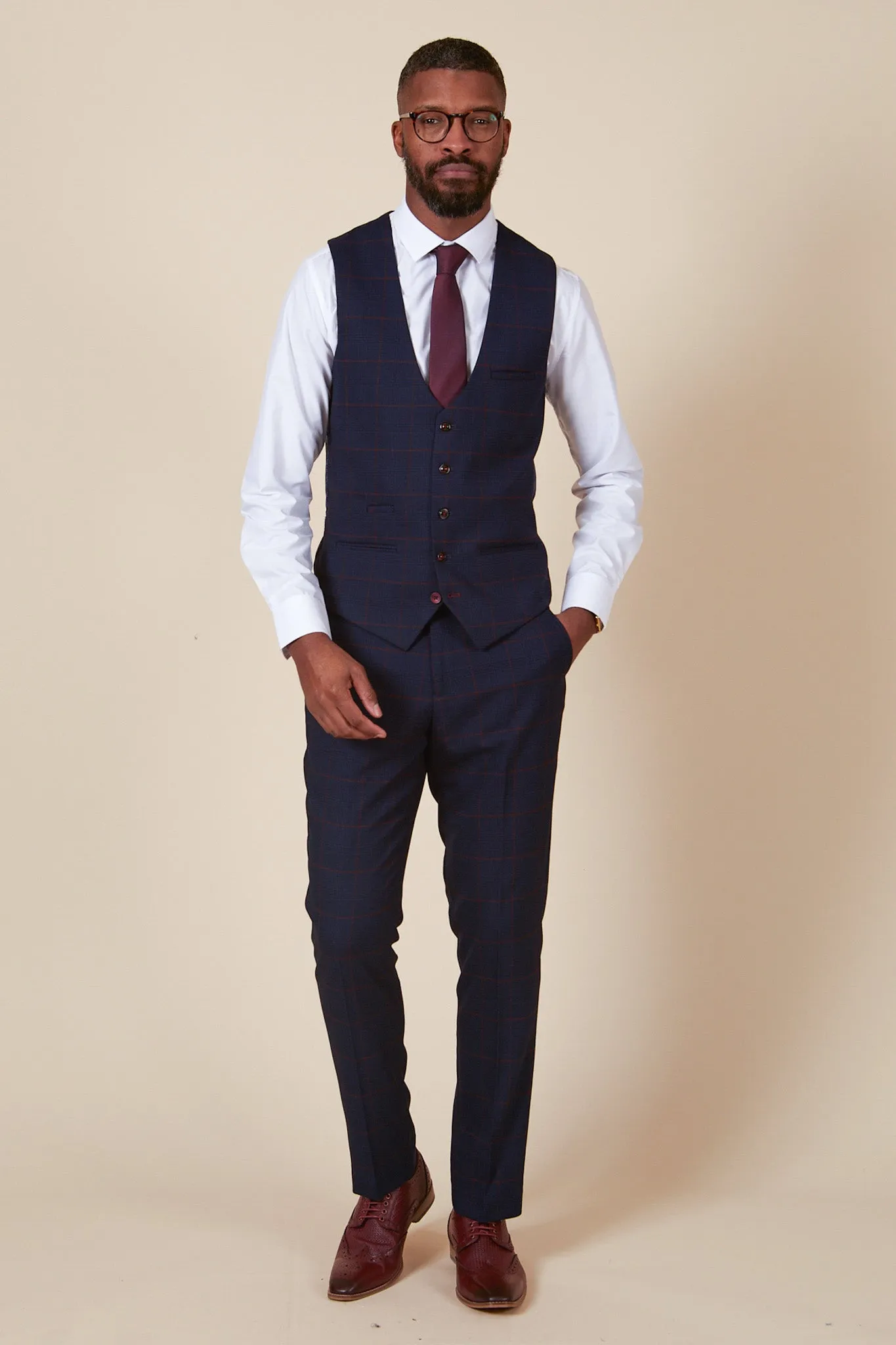 EDINSON - Navy Wine Check Single Breasted Waistcoat