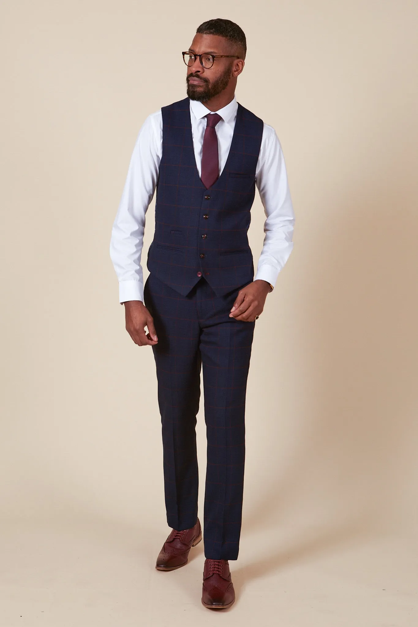 EDINSON - Navy Wine Check Single Breasted Waistcoat