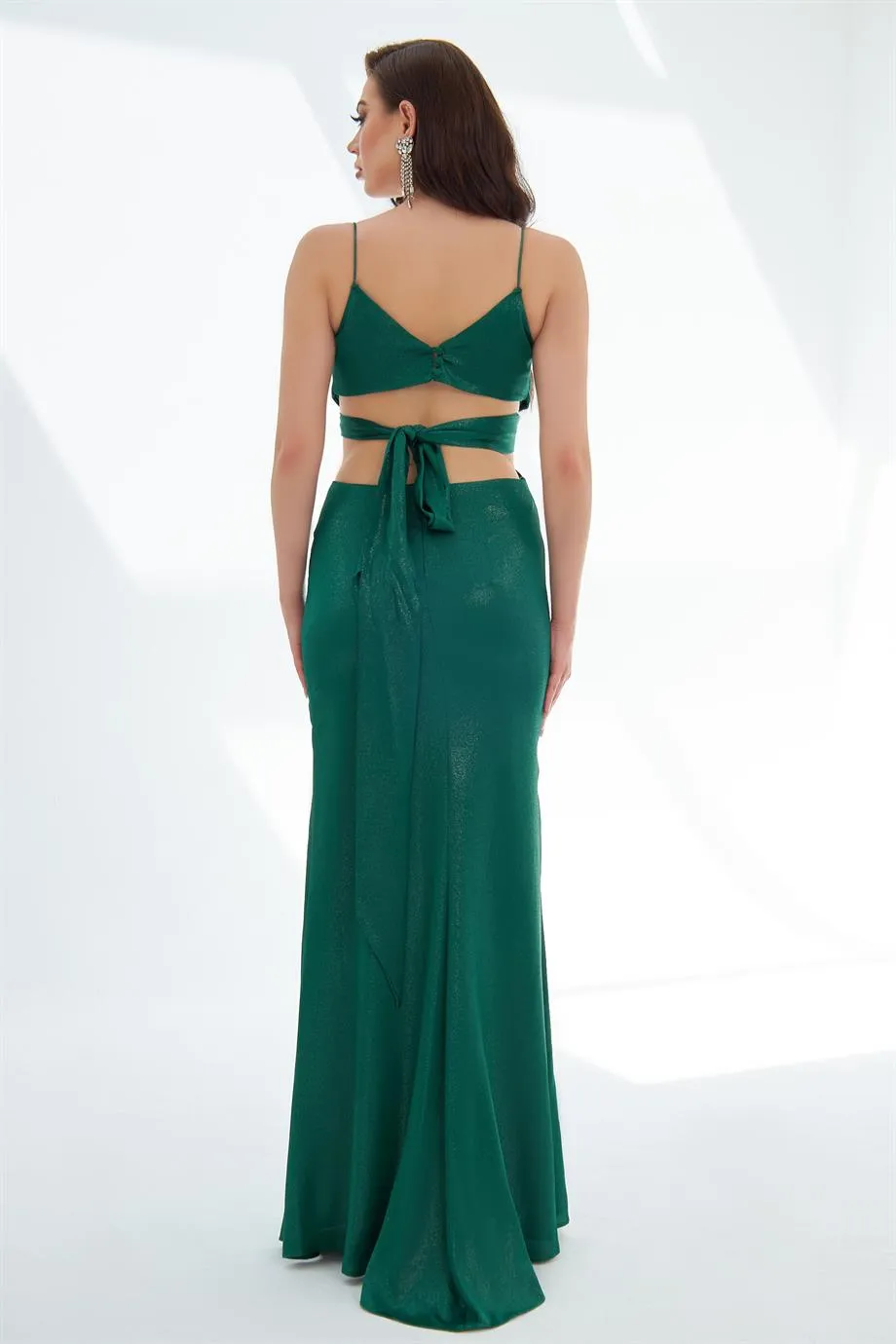 Emerald Foil Strapless Backless Decollete Long Evening Dress