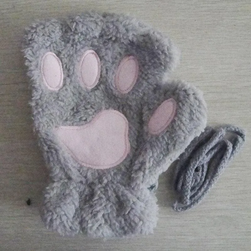 Fashion Girls Lovely Cat Claw Paw Plush Mittens