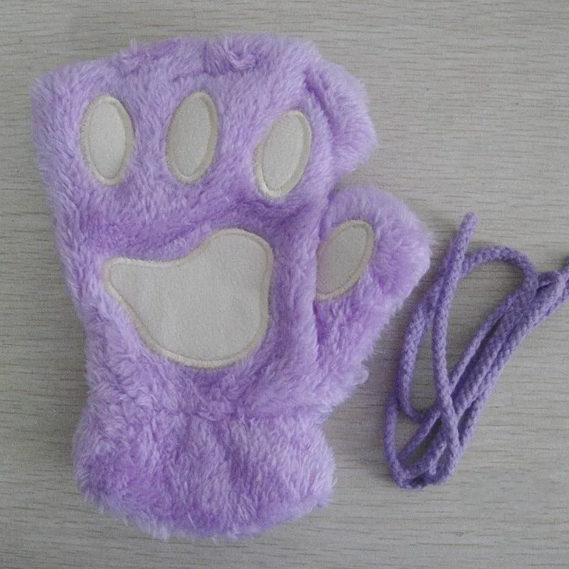 Fashion Girls Lovely Cat Claw Paw Plush Mittens