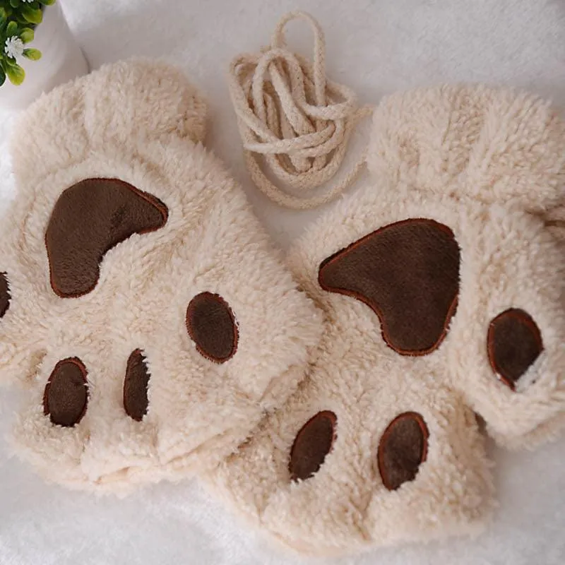 Fashion Girls Lovely Cat Claw Paw Plush Mittens