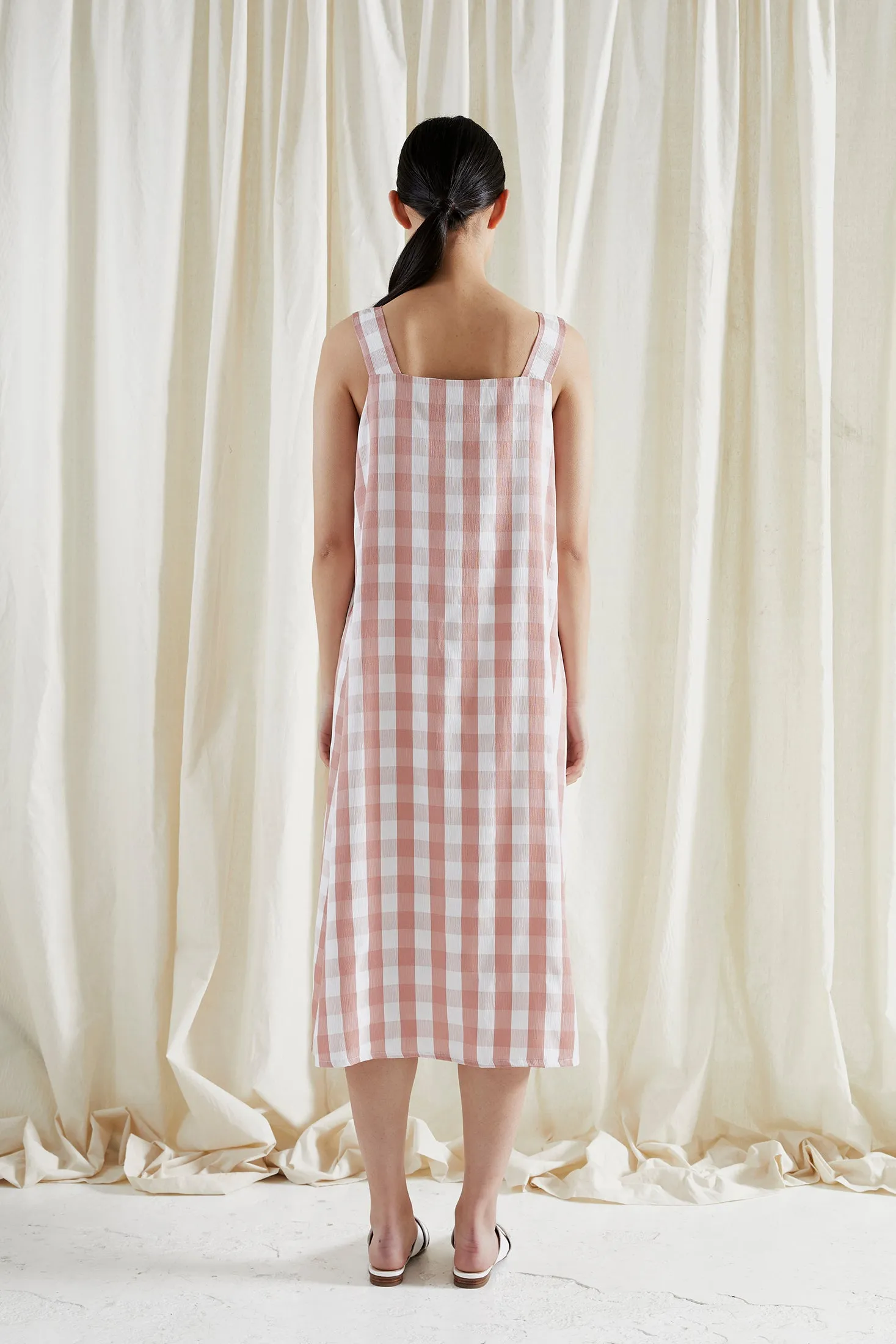 FORBIDDEN FRUIT DRESS ~ REVERSIBLE ~ GRAPEFRUIT [ Pink & White Check Gingham Tie Pinafore ]