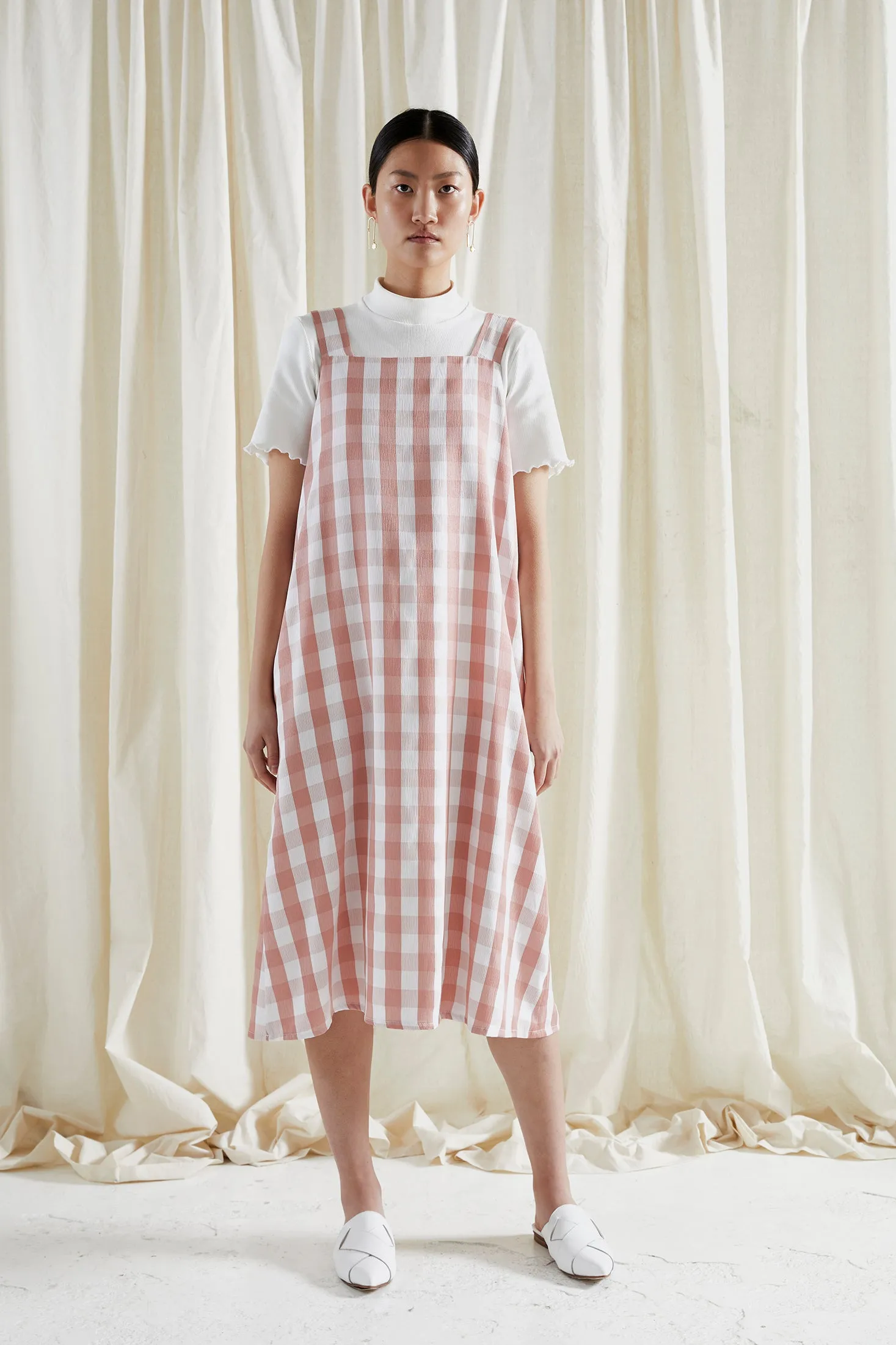 FORBIDDEN FRUIT DRESS ~ REVERSIBLE ~ GRAPEFRUIT [ Pink & White Check Gingham Tie Pinafore ]