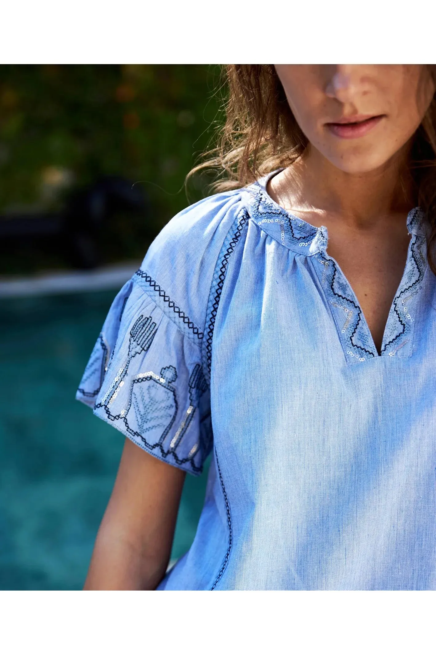 French Blue Short Sleeve Top with Sequin and Embroidered Details