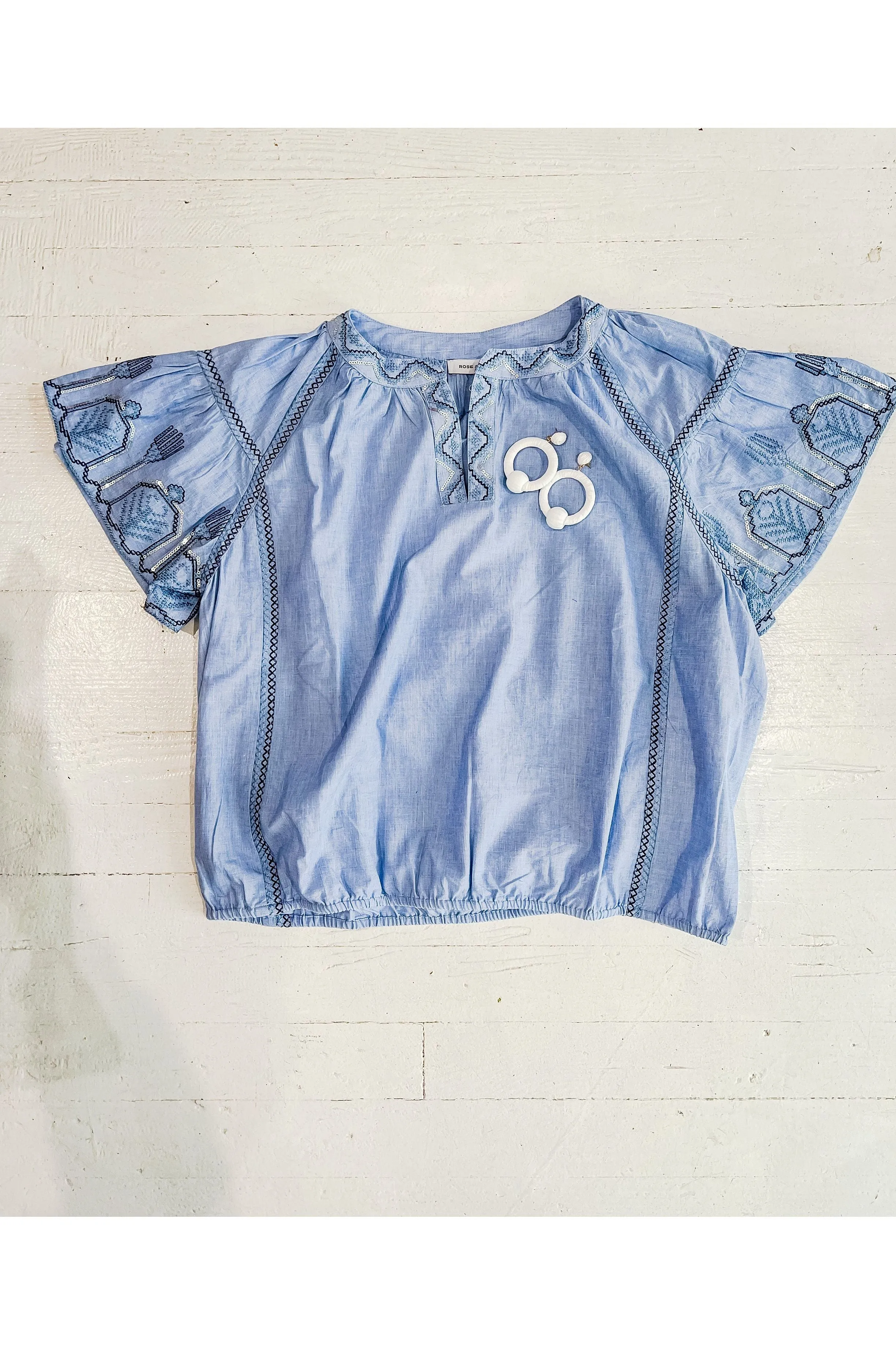 French Blue Short Sleeve Top with Sequin and Embroidered Details