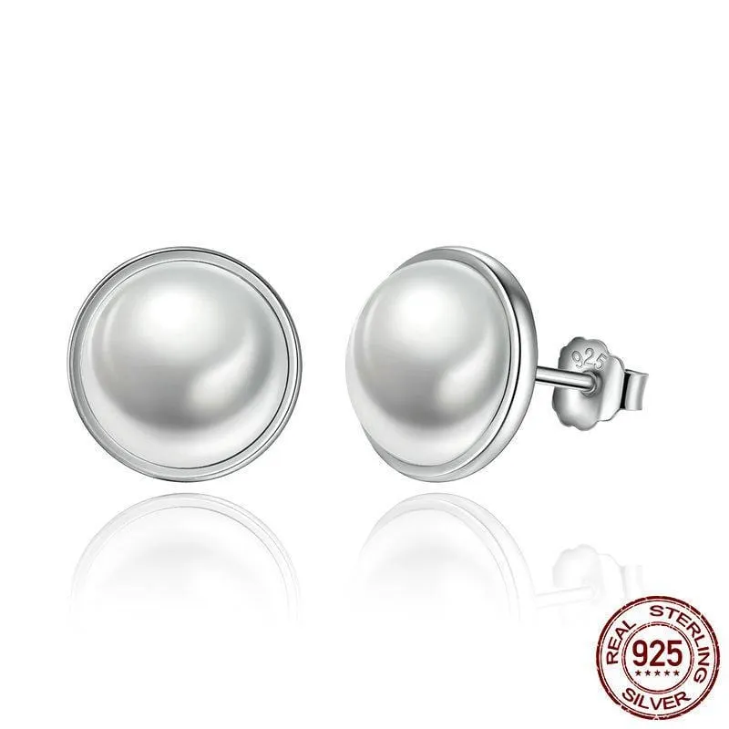 Genuine Pearl Sterling Silver Elegant, Round White Stud Earrings