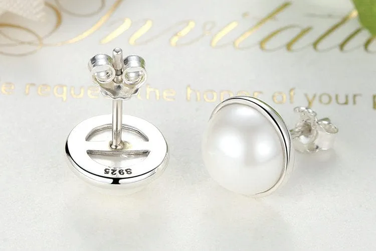 Genuine Pearl Sterling Silver Elegant, Round White Stud Earrings