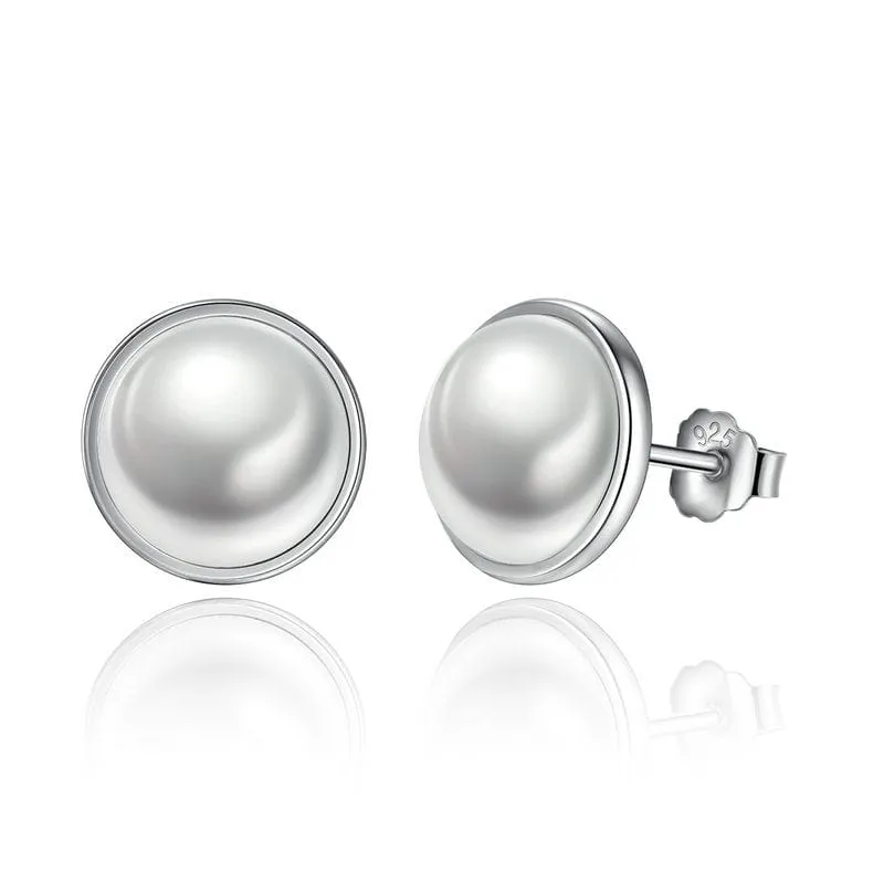 Genuine Pearl Sterling Silver Elegant, Round White Stud Earrings