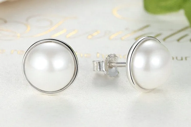 Genuine Pearl Sterling Silver Elegant, Round White Stud Earrings