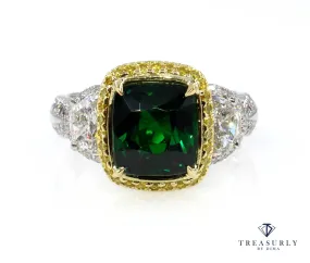 GIA 5.25ctw Natural TSAVORITE Cushion 3 Stone Fancy Yellow Diamond Halo Ring