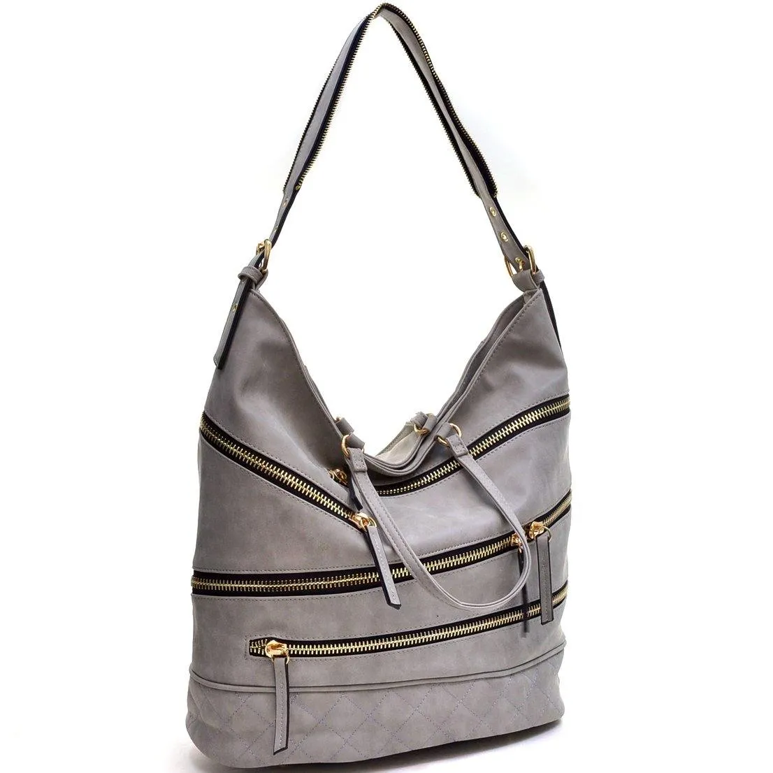 Gold-Tone Quilted Hobo Bag with Front Zipper Deco