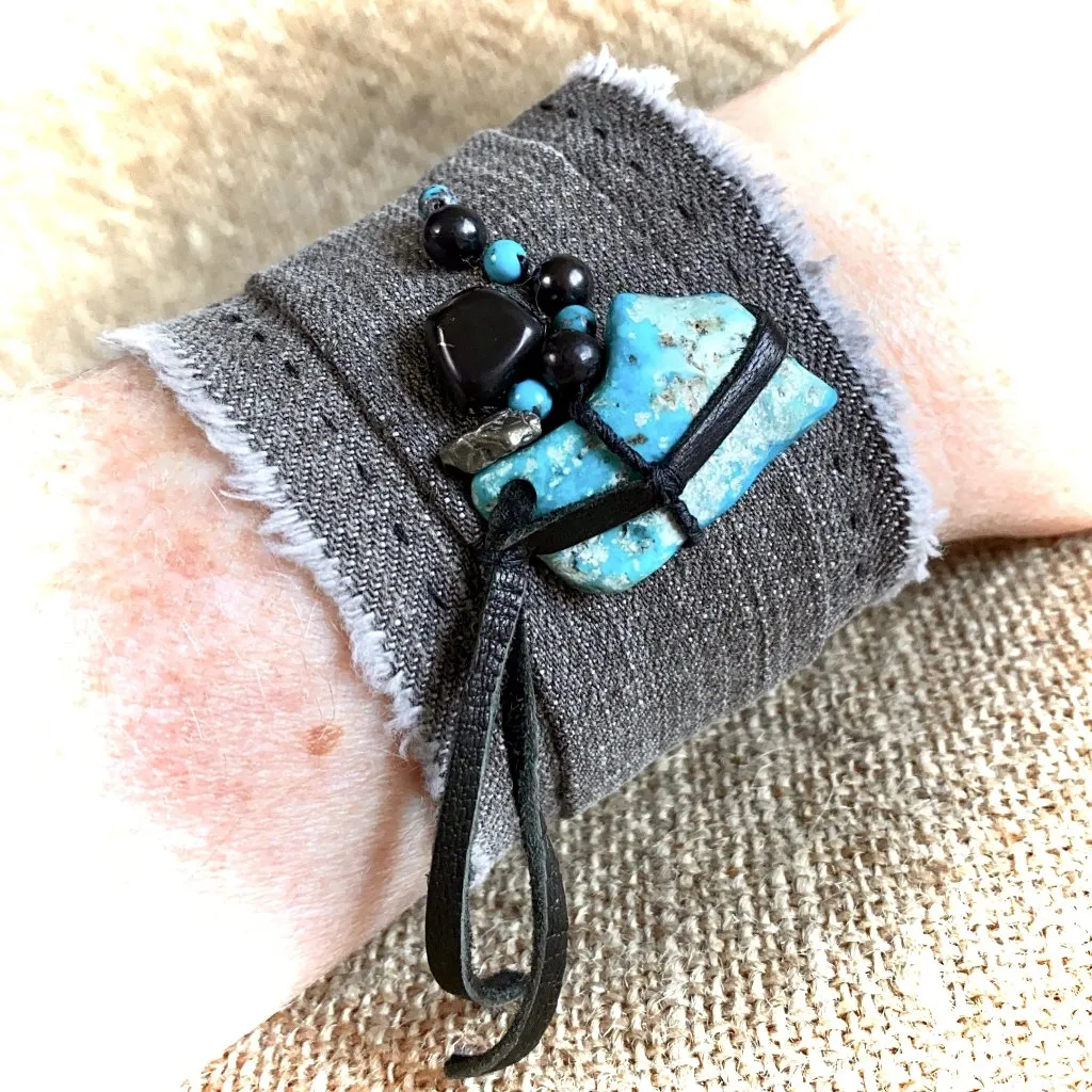 Gray Denim Cuff Bracelet, Shungite, Turquoise, Pyrite, Black Leather