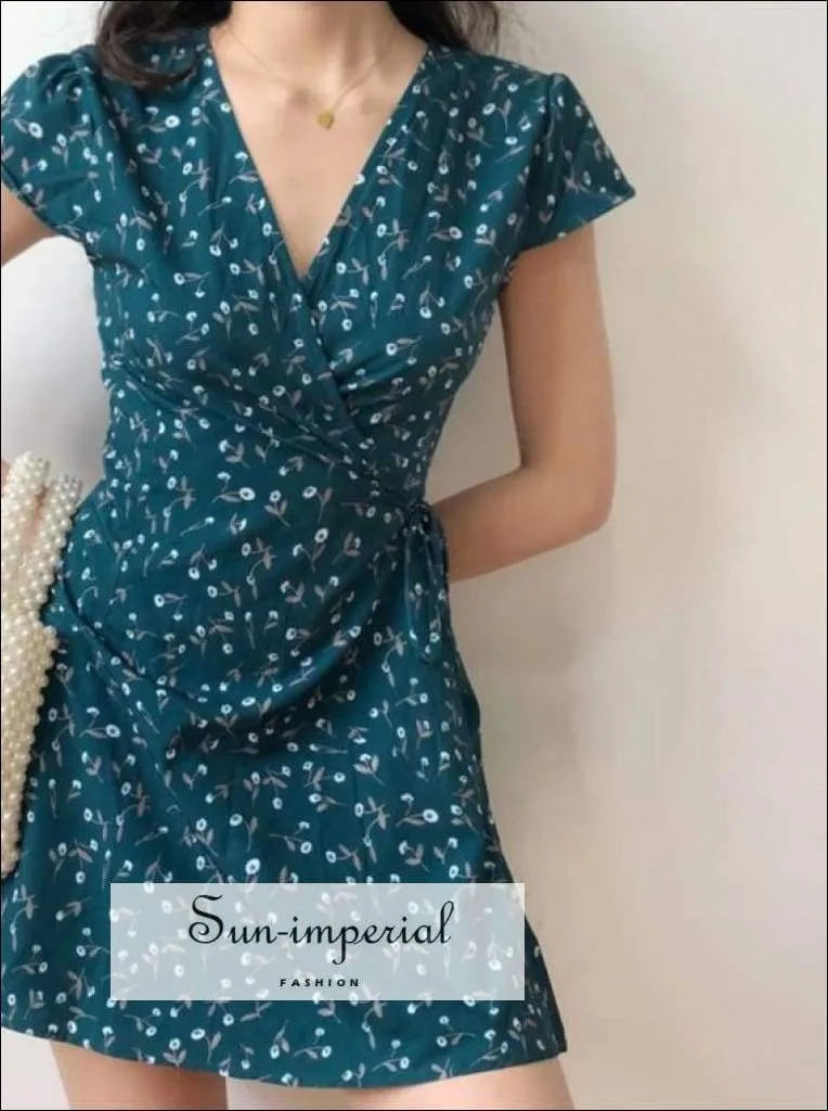 Green Floral V Neck Short Sleeve Wrap Mini Dress