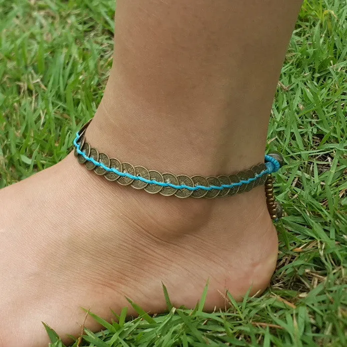 Hand Made Fair Trade Anklet Antique Coins Turquoise