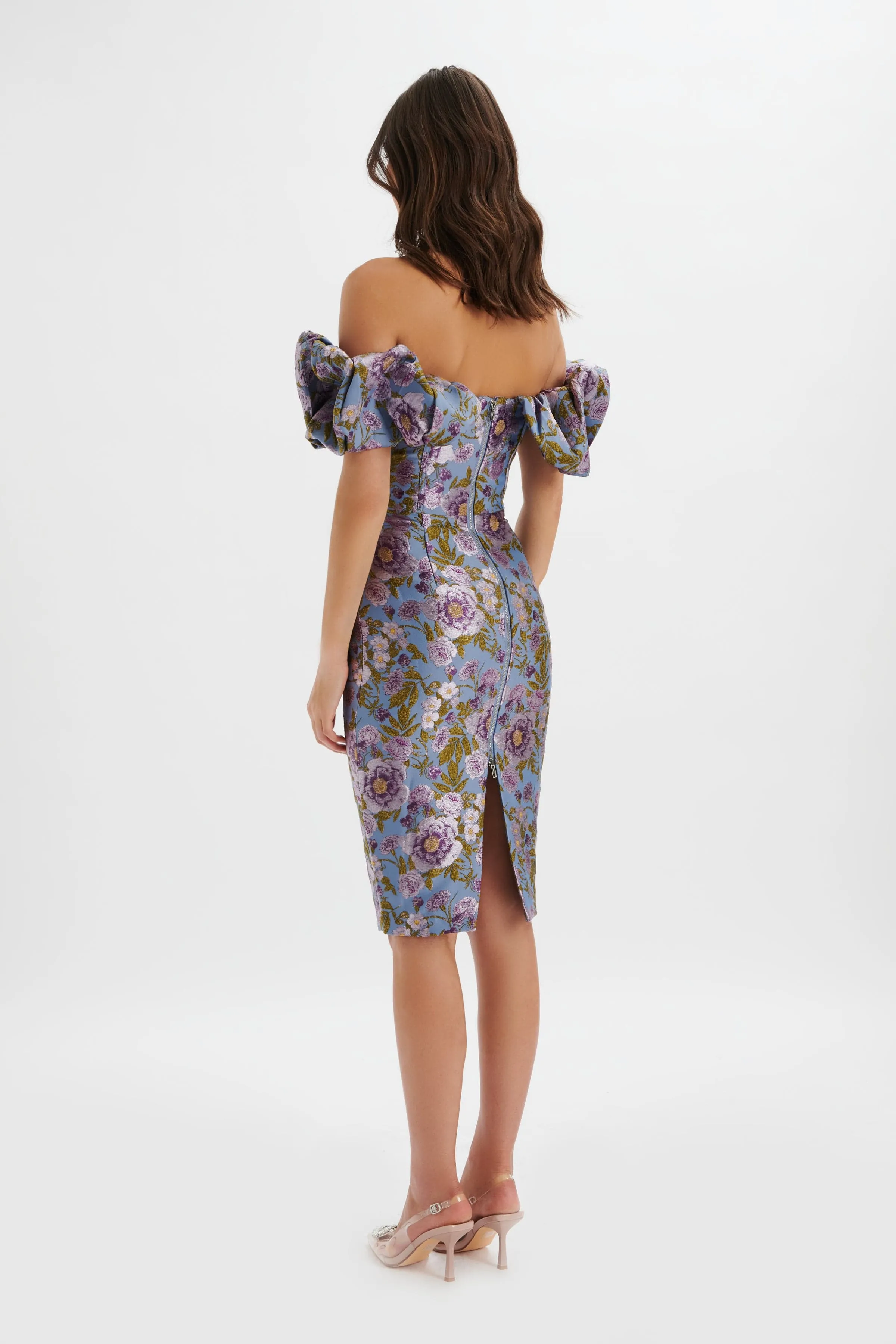 HARLOW Jacquard Corset Puff Sleeve Midi Dress In Blue Purple