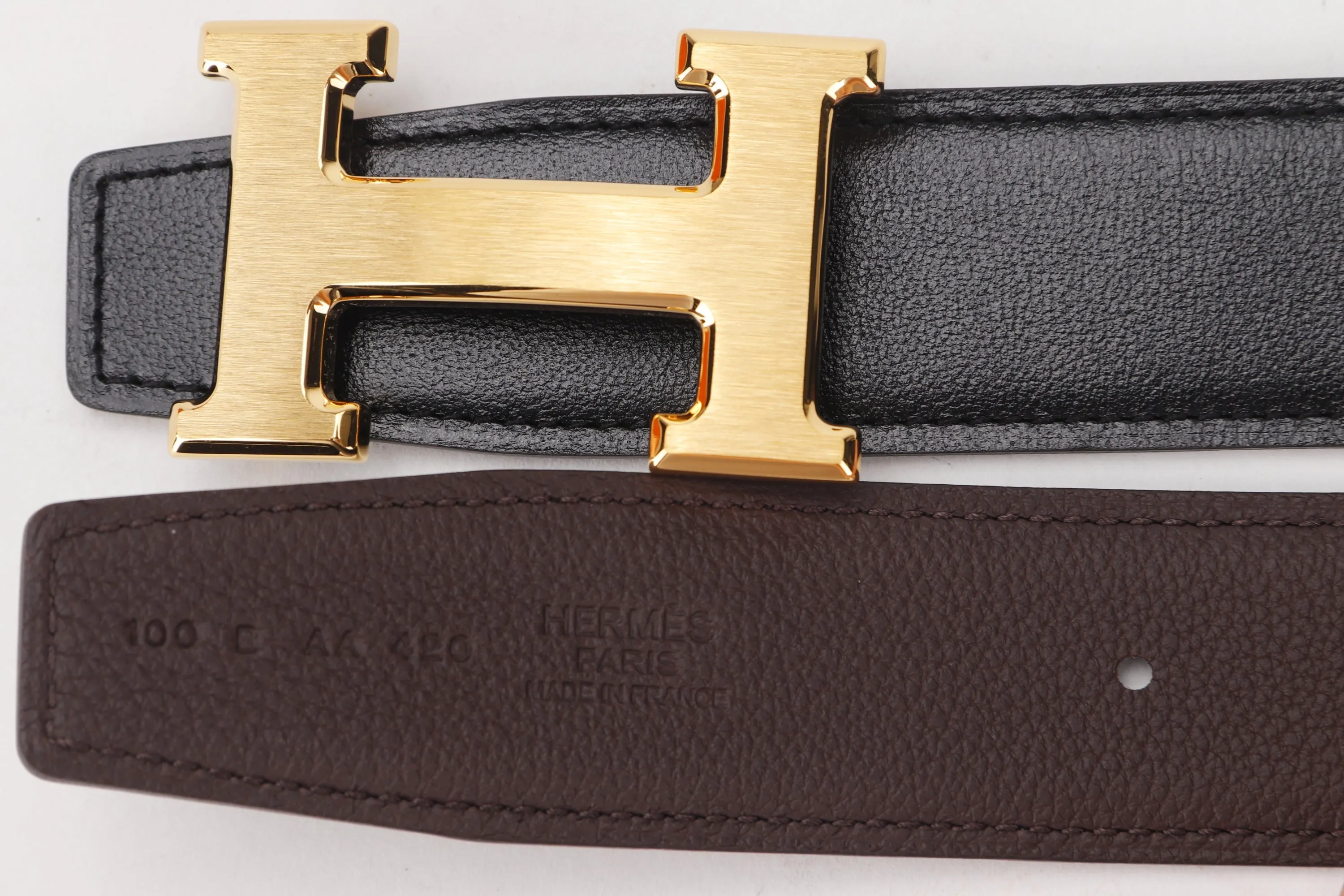 HERMES 100CM BELT BLACK & BROWN BRUSHED GOLD H BUCKLE, WITH DUST COVER & BOX