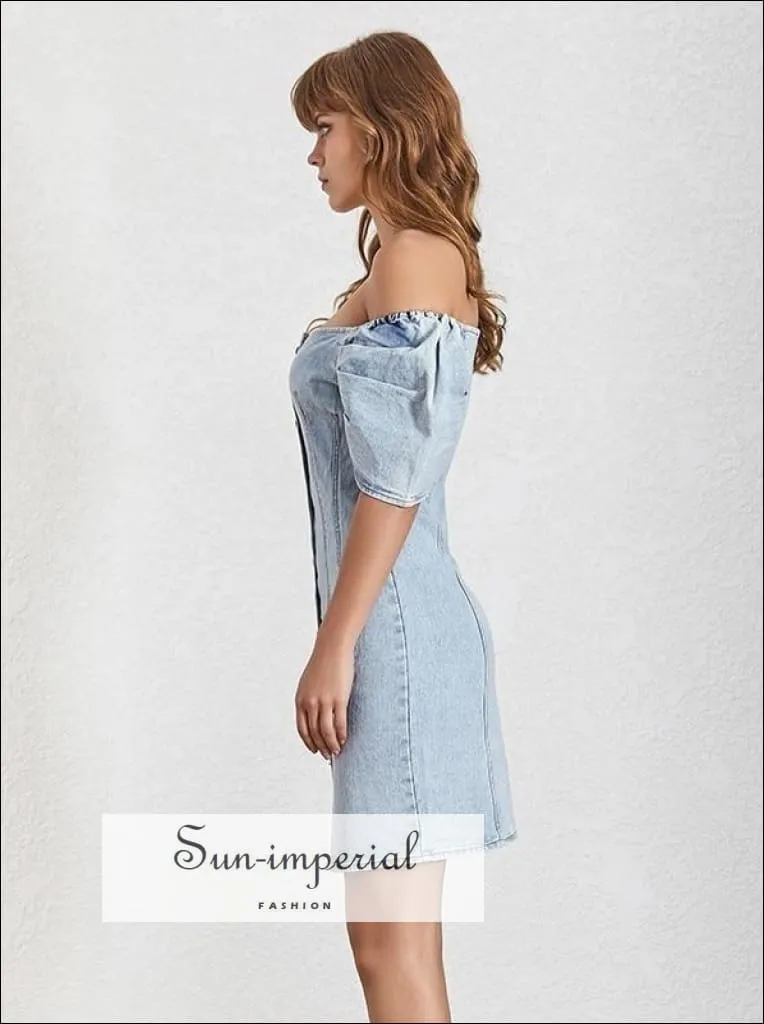 Hilton Dress -casual Solid Denim Dress Women Square Collar Puff Sleeve Slim Button Mini Dresse