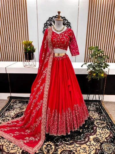 Hot Red Faux Georgette Heavy Embroidered Stitched Lehenga Choli Set