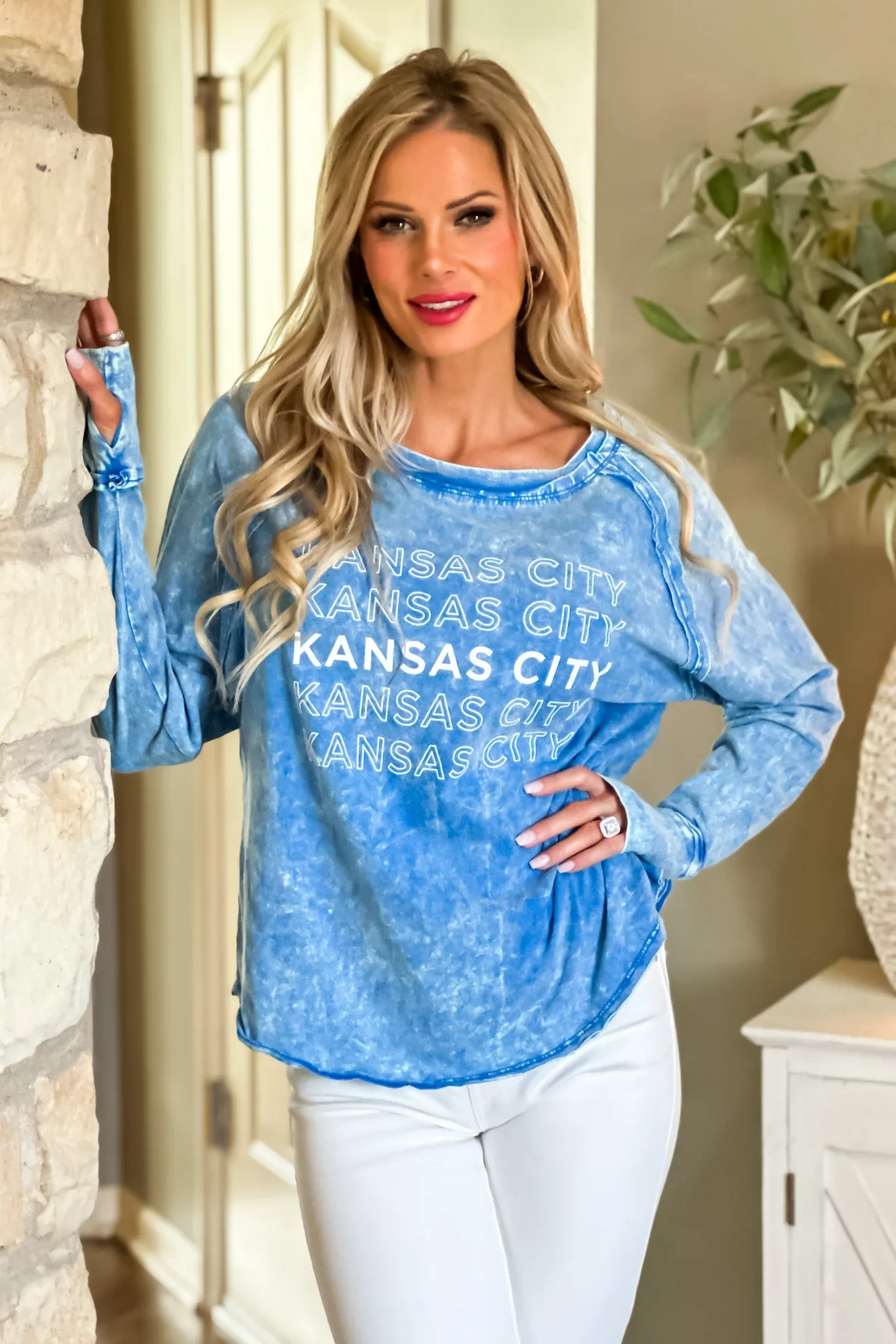 Kansas City Washed Thumb Hole L/S Top : Ocean Blue