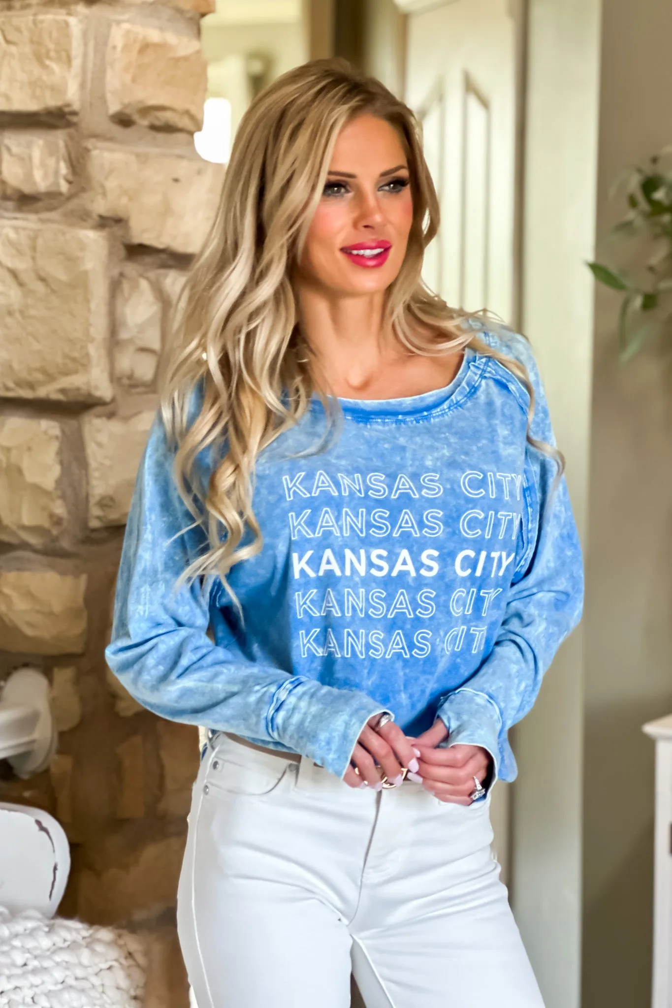 Kansas City Washed Thumb Hole L/S Top : Ocean Blue