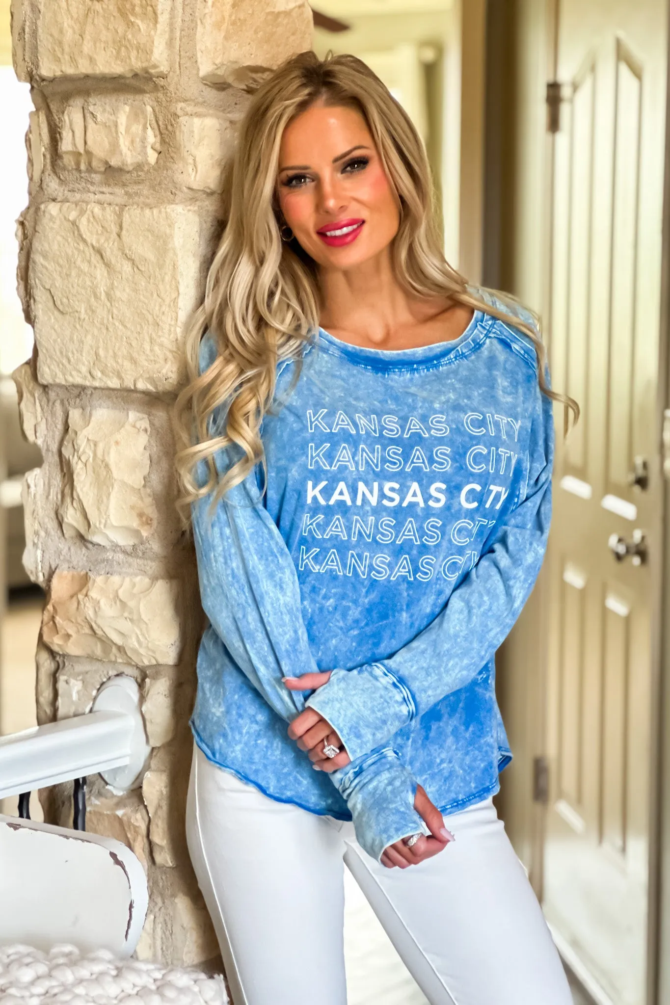 Kansas City Washed Thumb Hole L/S Top : Ocean Blue