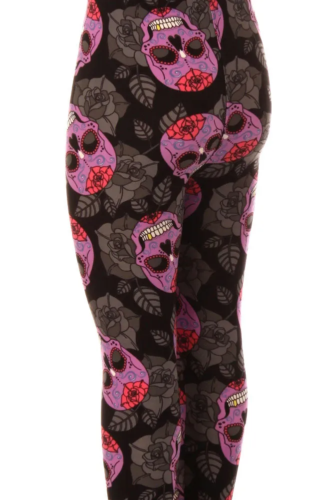 Kid's Purple Sugar Skull Floral Pattern Printed Leggings