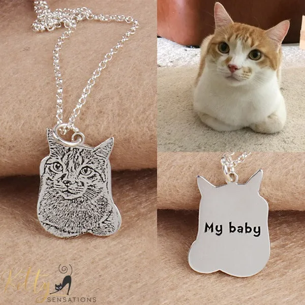 KittySensations Custom Cat Necklace with Personal Engraving in Solid 925 Sterling Silver