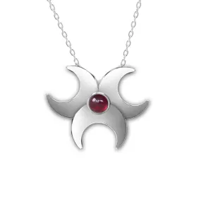 Large Silver Triple Moon Necklace - Red Garnet Stone