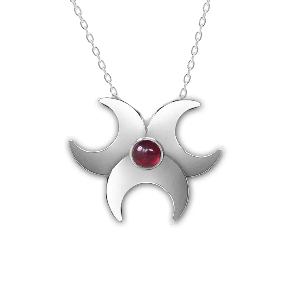 Large Silver Triple Moon Necklace - Red Garnet Stone