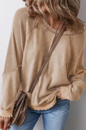 Light French Beige Solid Waffle Knit Patchwork Raglan Sleeve Sweatshirt