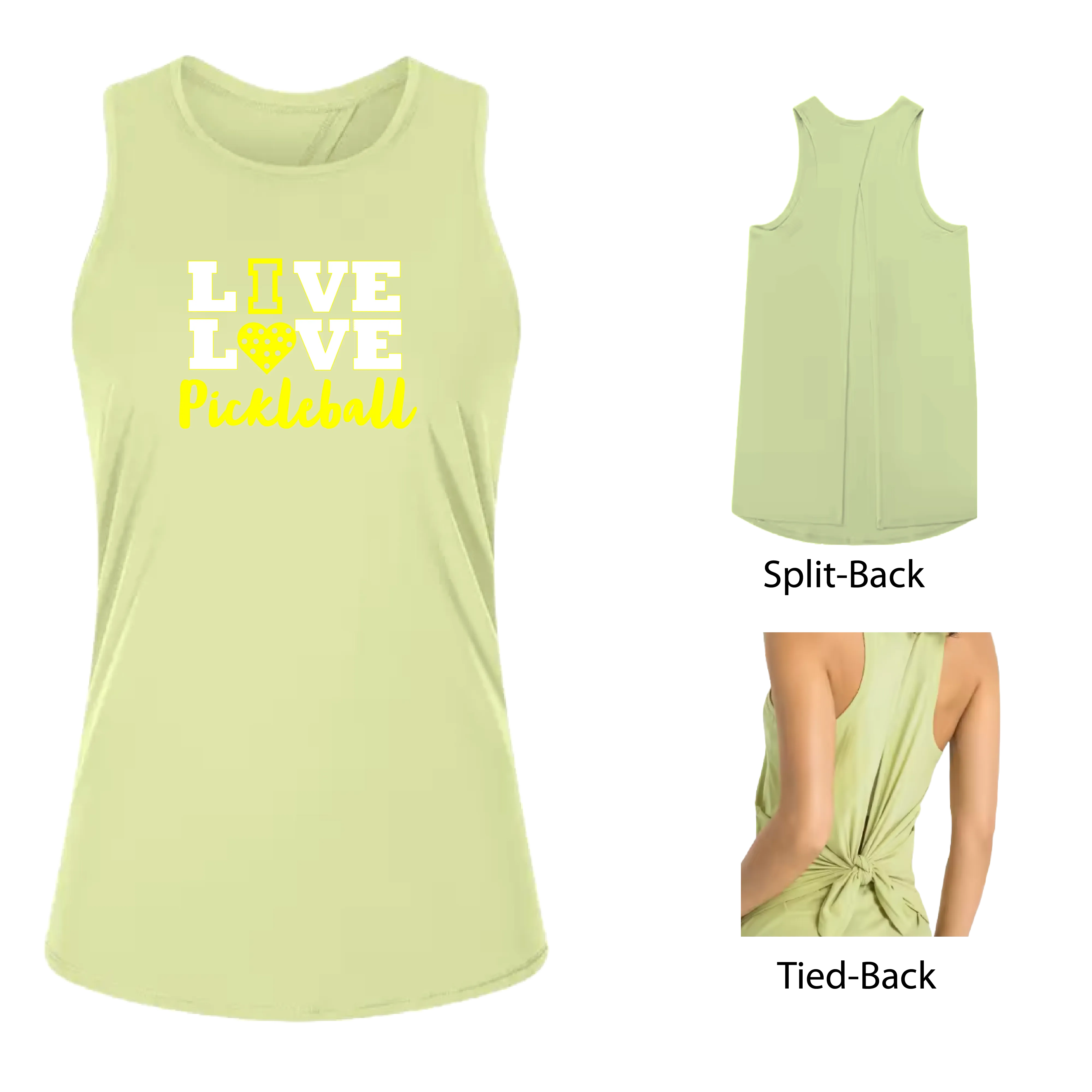 Live Love Pickleball | Women's Split Back or Tied Back Pickleball Tank | 80/20 Nylon Spandex Mix