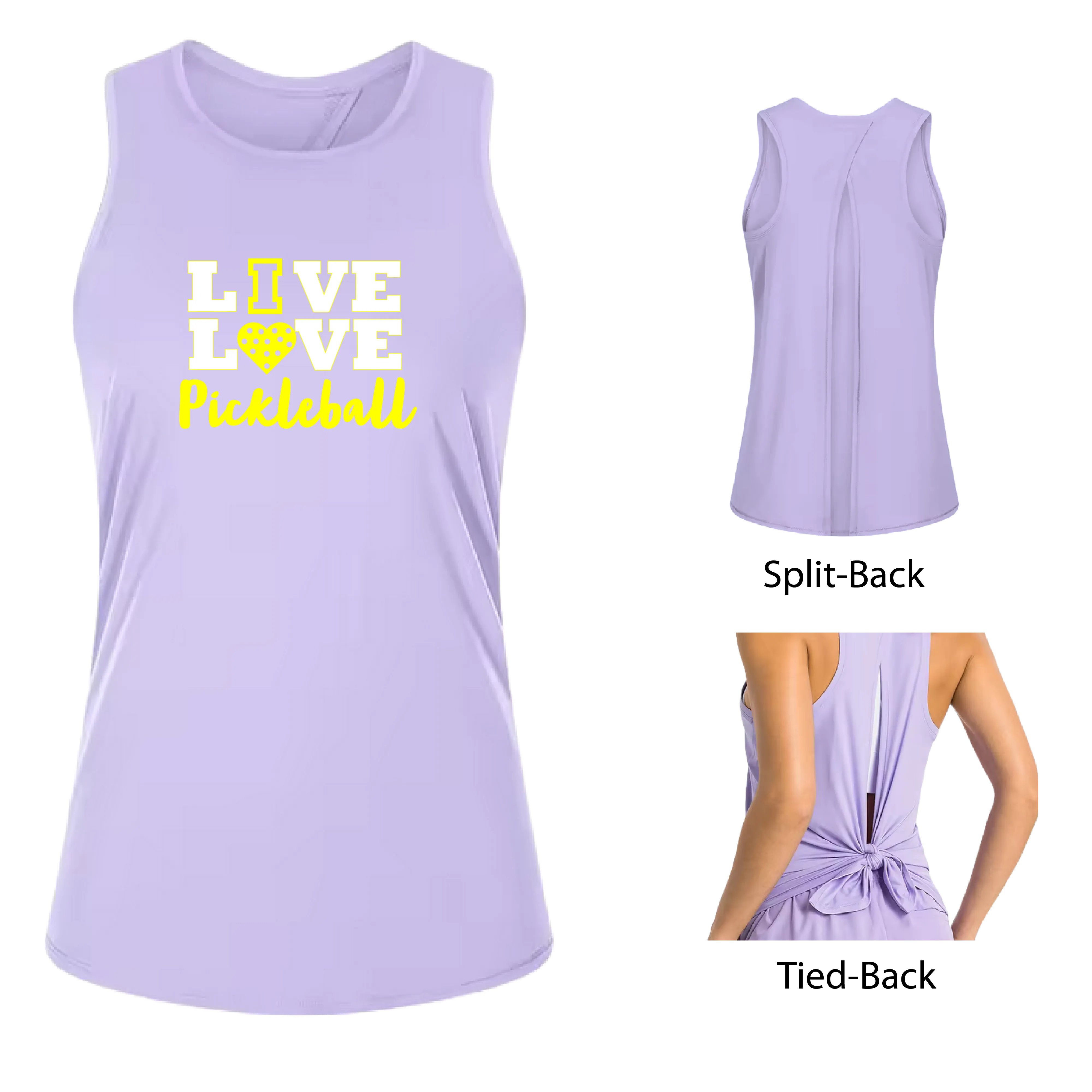 Live Love Pickleball | Women's Split Back or Tied Back Pickleball Tank | 80/20 Nylon Spandex Mix