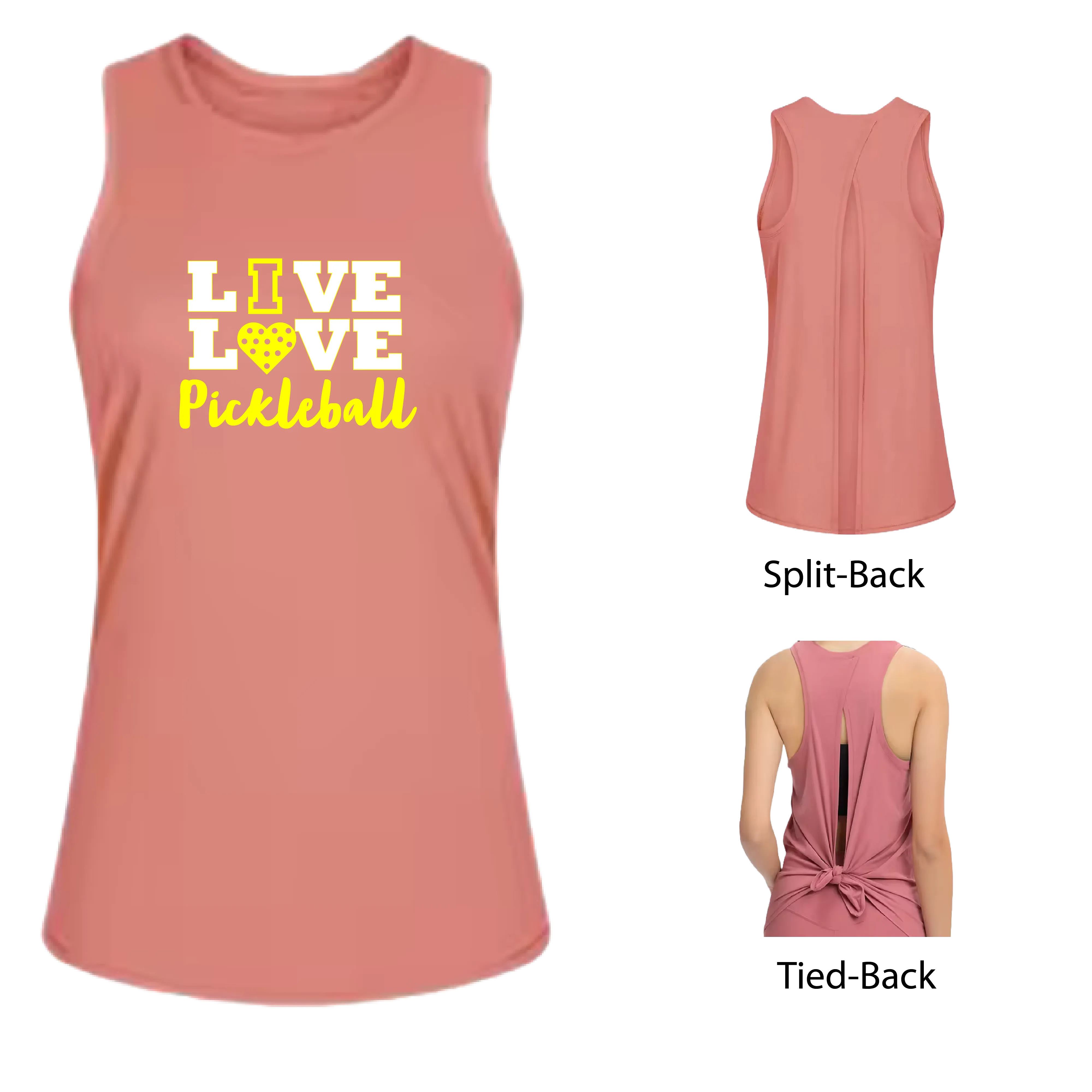 Live Love Pickleball | Women's Split Back or Tied Back Pickleball Tank | 80/20 Nylon Spandex Mix