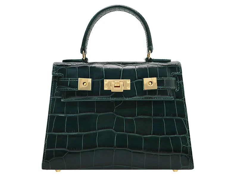 Maya Midi Orinoco 'Croc' Print Calf Leather Handbag - Dark Green