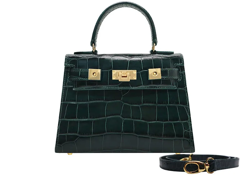 Maya Midi Orinoco 'Croc' Print Calf Leather Handbag - Dark Green