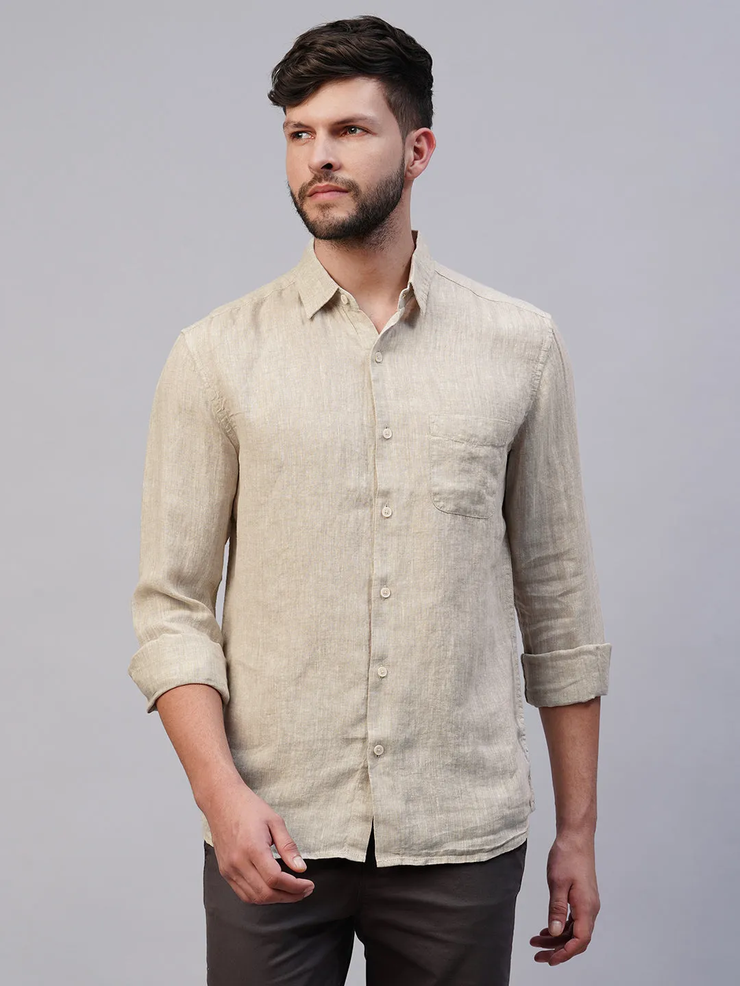 Men's Natural 100% Linen Regular Fit Long Sleeved Shirt