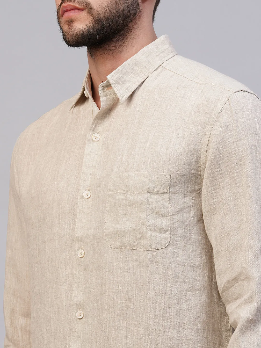 Men's Natural 100% Linen Regular Fit Long Sleeved Shirt