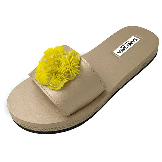 Noho Yellow Flower- Sequenced Embroidered Motifs with Waterproof Espadrille Flat Sandals for Women