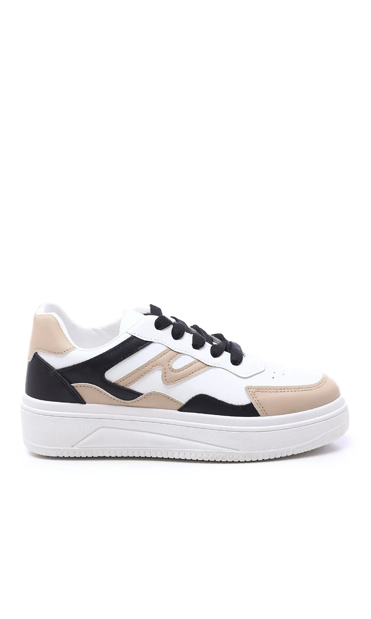 O177893 Tri-Tone Round Toecap Sneakers - White, Black & Beige