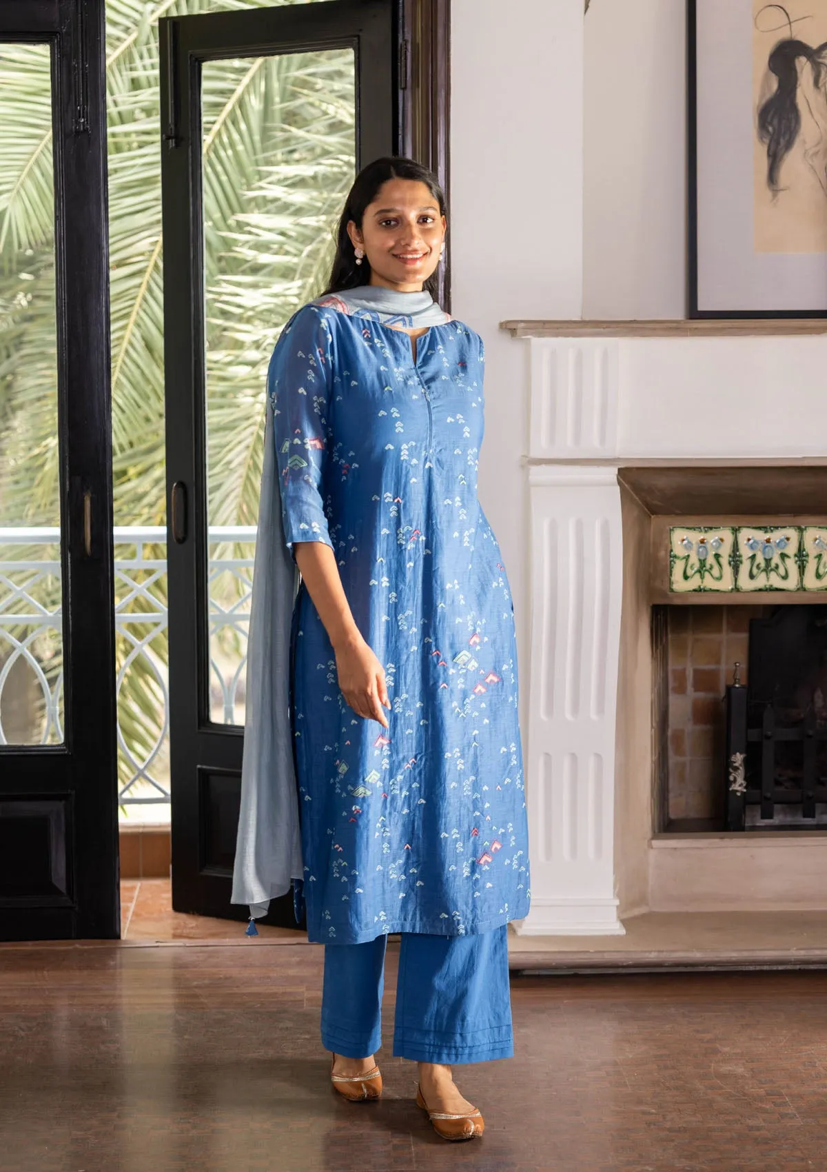 Ocean Blue Geometric Print Kurta Set