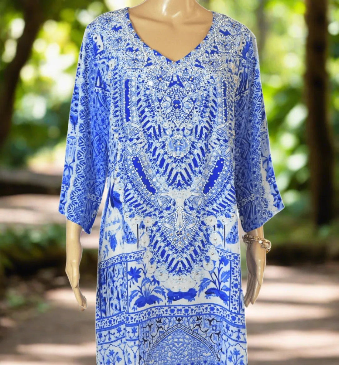 Peacock Silk Hand beaded Tunic Dress by Fashion Spectrum