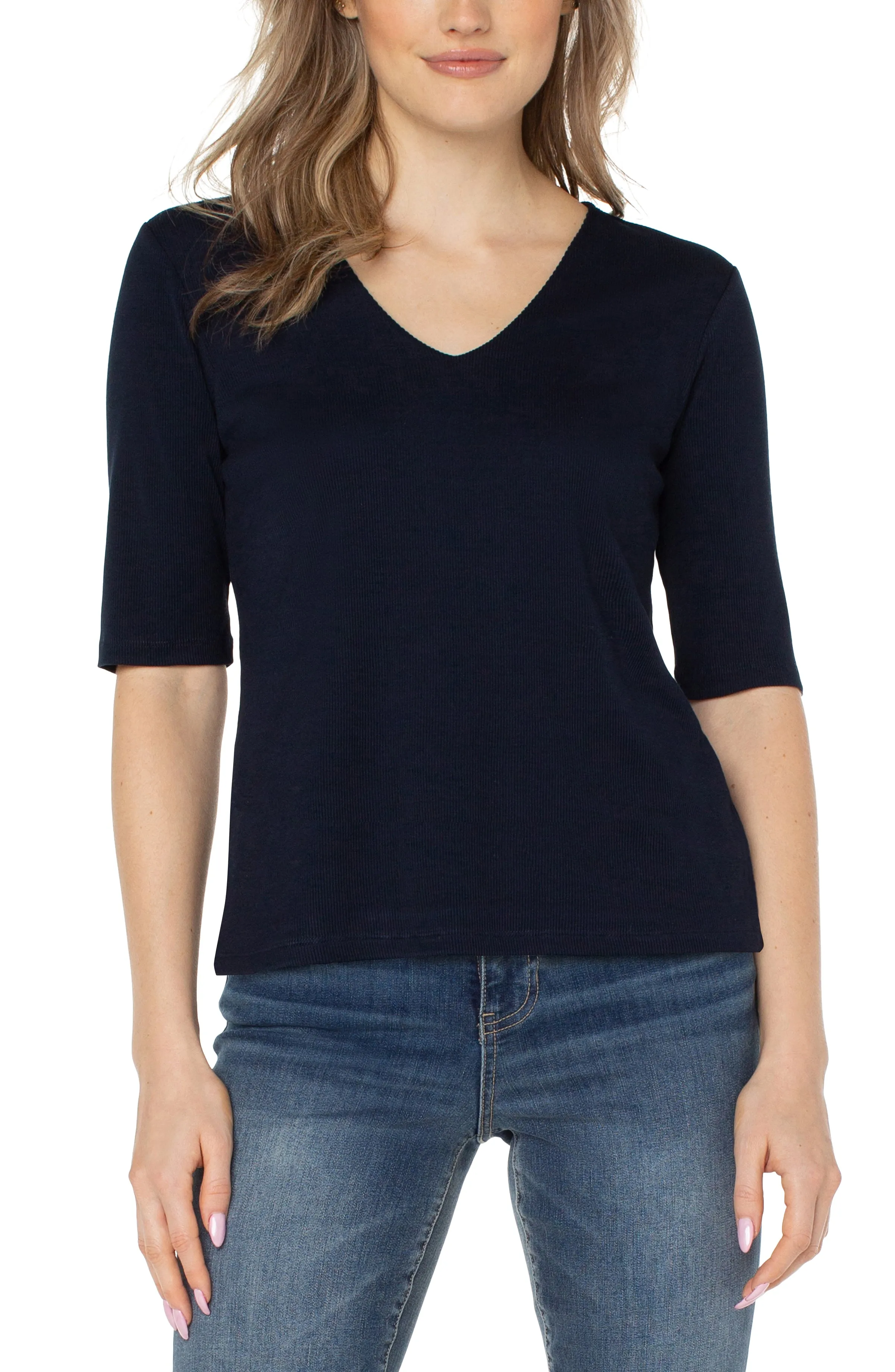 PETITE DOUBLE LAYER V-NECK RIB KNIT TOP