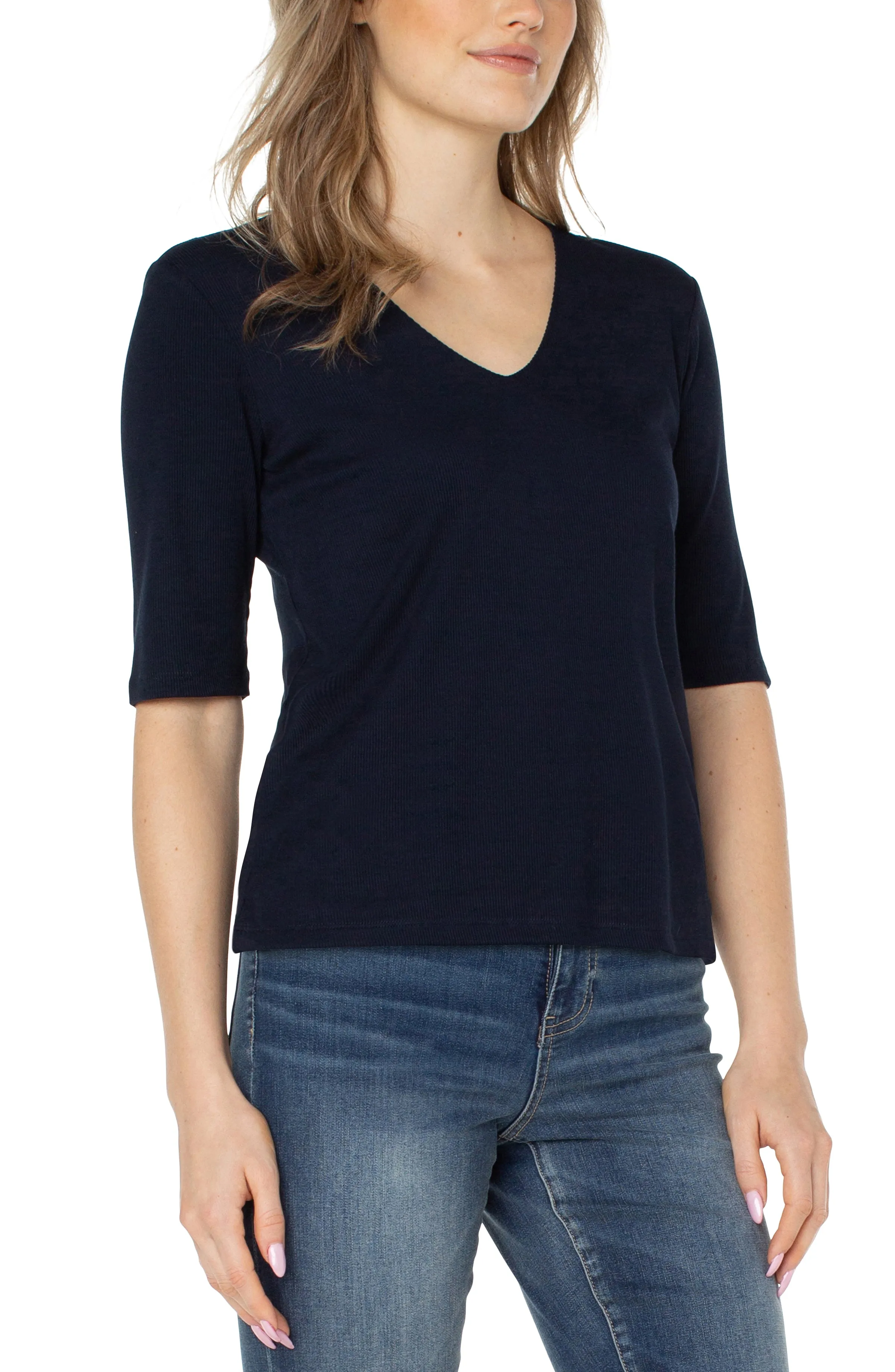 PETITE DOUBLE LAYER V-NECK RIB KNIT TOP