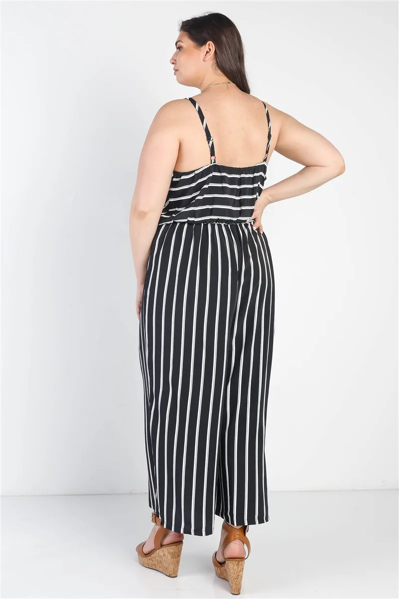 Plus Black Stripe V-Neck Sleeveless Romper