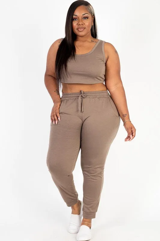 Plus French Terry Cropped Tank Top & Joggers Set