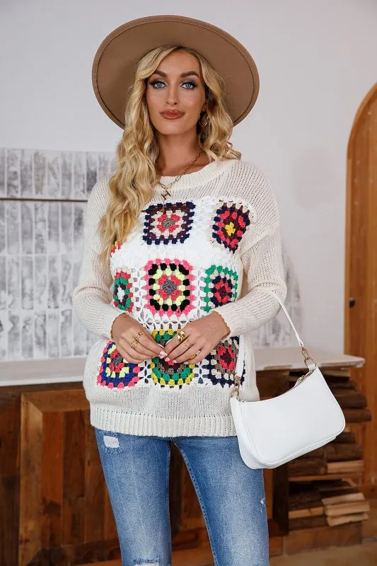 Popular Casual Loose Pullover Multicolor Long-Sleeved Sweater round Neck Crochet All-Matching Clothing