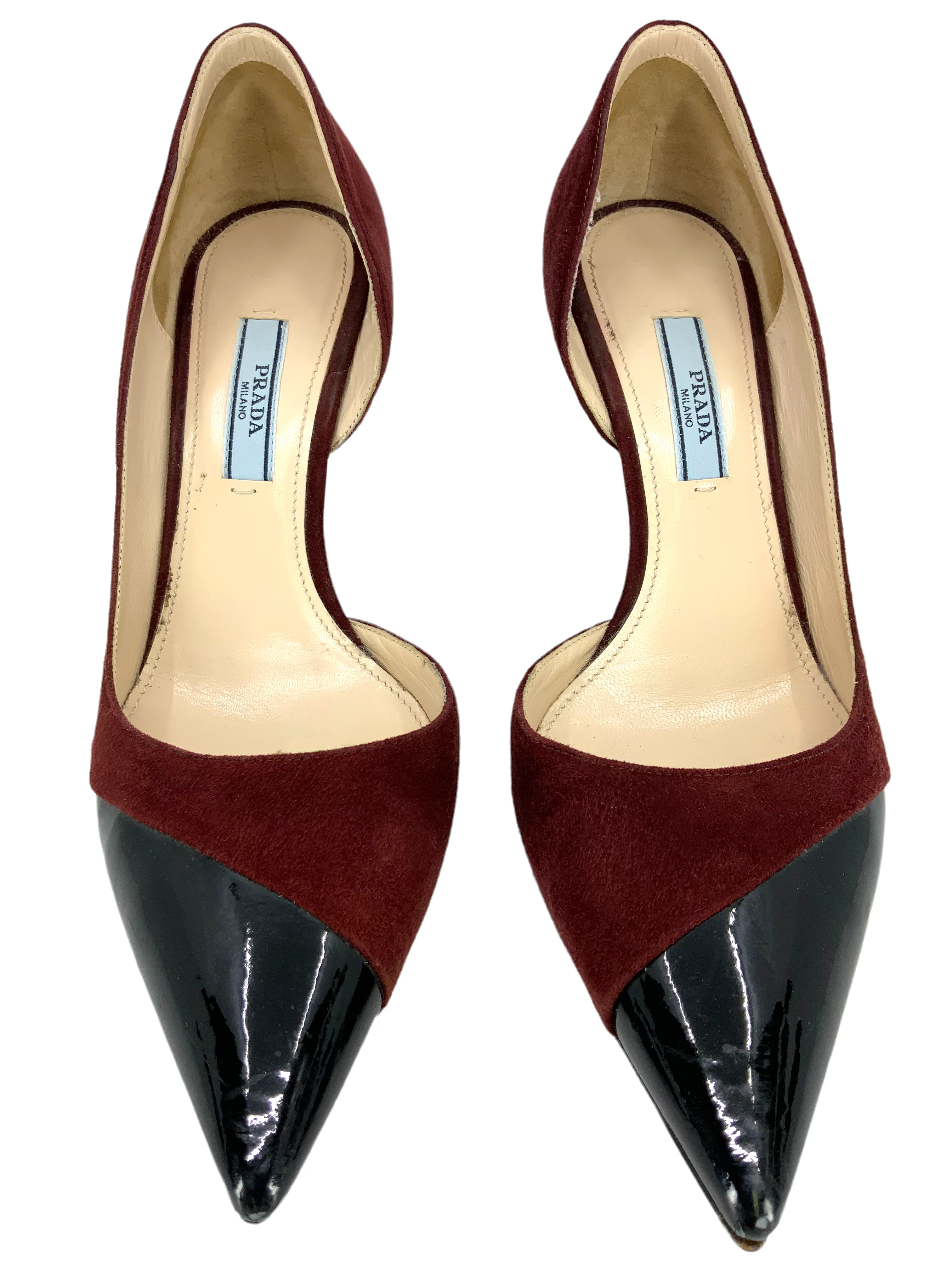 Prada Suede and Patent Leather Half d'Orsay Pumps Size 6.5