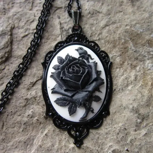 Retro Gothic Style Rose on Black or White Rose on Cameo Necklace